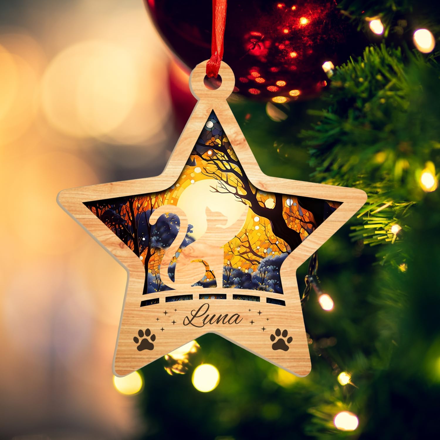 MAPrints Personalized Cat Christmas Ornaments, Cat First Christmas Suncatcher Wood Ornaments, Gifts for Cat Lovers, Cat Memorial Ornament, Forever Loved Cat Keepsake, Cat Loss Gifts (CAT 18)