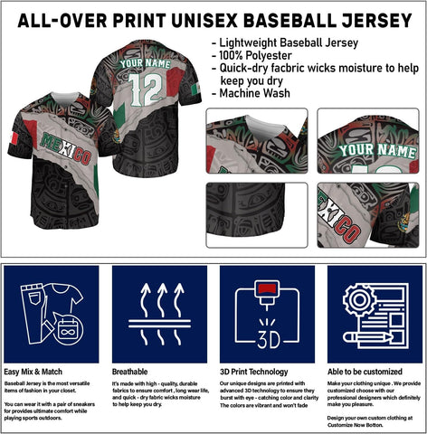 Mostprints Custom Mexico Baseball Jerseys Mexican Eagle & Flag Shirt for Teams, Mexico Shirts for Men & Women Size S-5XL