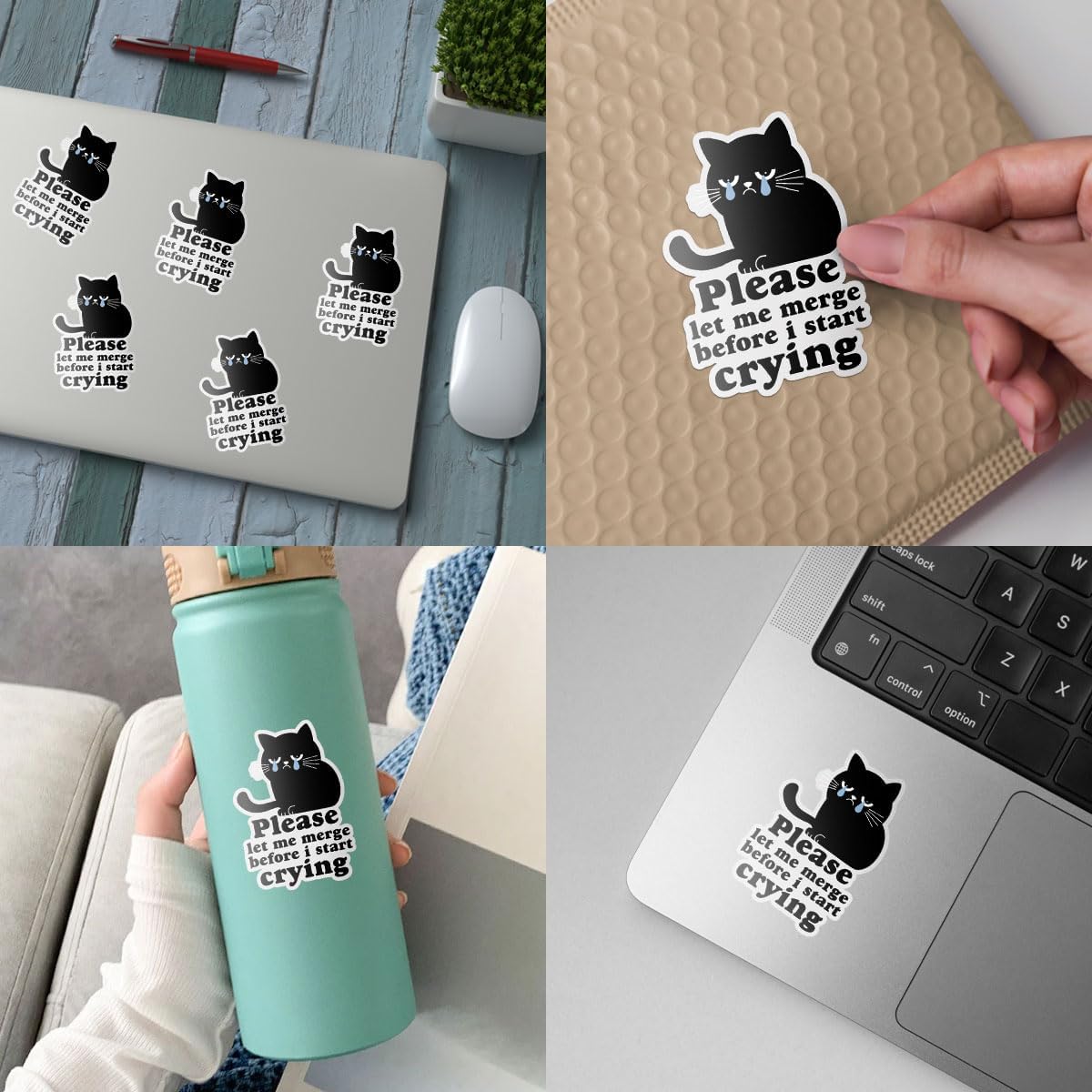 3Pcs Please Let Me Merge Before I Start Crying Sticker, Let Me Merge Bumper Sticker, Sad Black Cat Vinyl Decal, Cute Crying Stickers - Sticker for Laptop Water Bottle Car Phone Hard Hat 3"