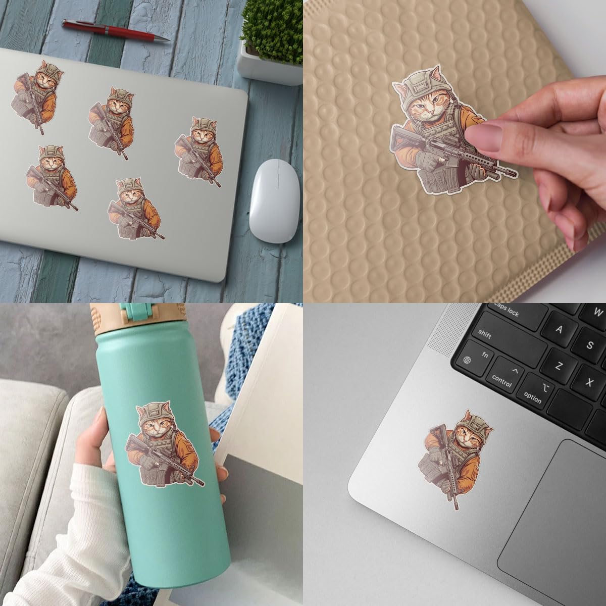 3pcs Tactical Cat Stickers, Armed Cats, Rifle-Carrying Cat, Orange, Vinyl, Waterproof, Cartoon, Stickers