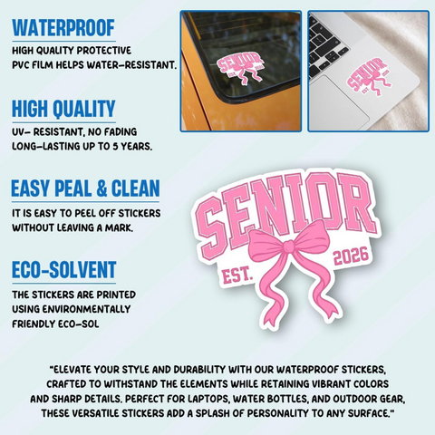3Pcs Senior 2026 pink bow Sticker 3inches, Class of 2026 Sticker, High School College Gift for Notebook Scrapbook Stickers for Laptop Water Bottle Phone Case
