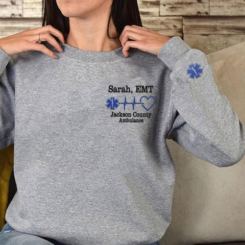 Intenprints Personalized EMS EMT Embroidered Sweatshirt, Custom EMS EMT Paramedic Uniform Emergency Medical Technician Shirts