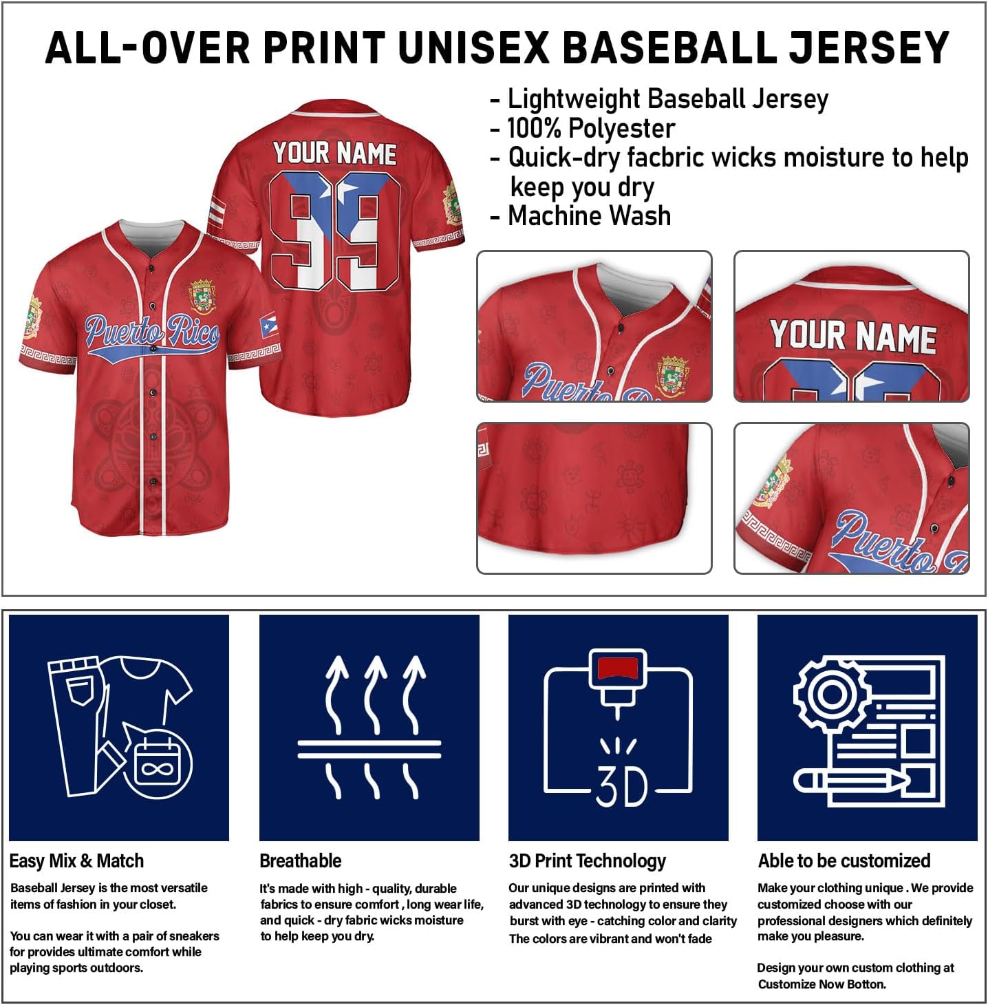 Personalized Puerto Rico Baseball Shirt,Customized Team Name Puerto Rican Baseball Jersey for Men,Women S-5XL