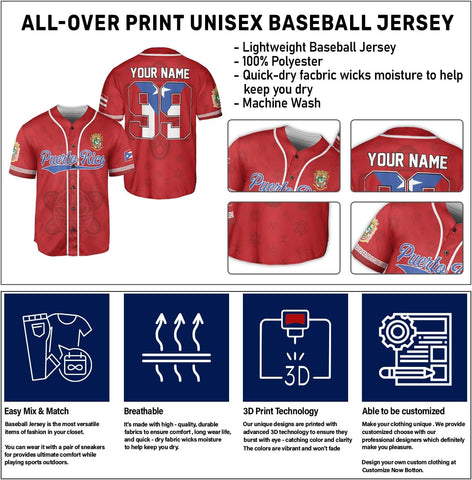 Personalized Puerto Rico Baseball Shirt,Customized Team Name Puerto Rican Baseball Jersey for Men,Women S-5XL