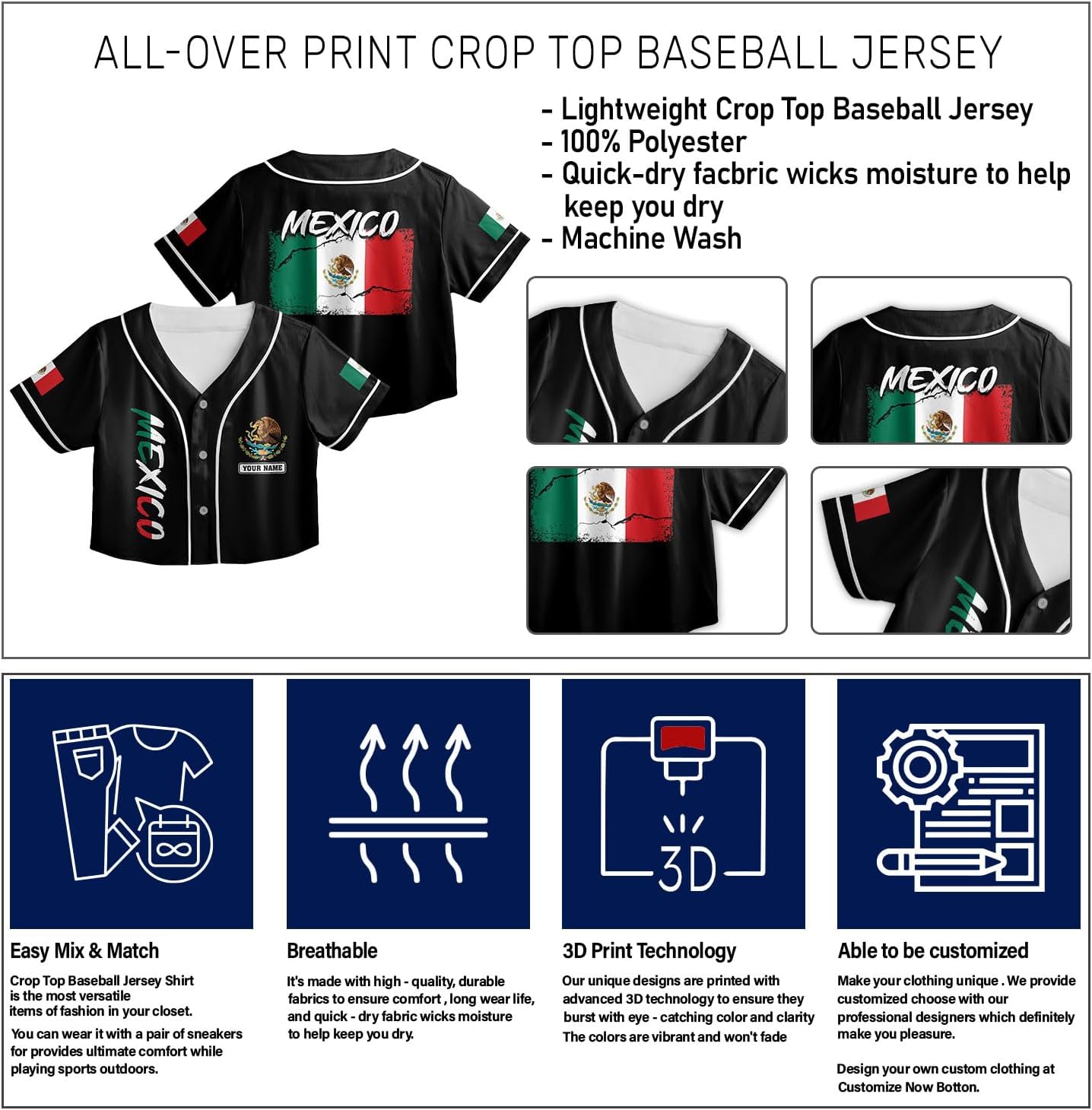 Custom Mexico Flag Crop Top Baseball Jersey Shirt Woman Playeras De Mexico 3D Personalized Mexican Jersey Shirts for Women