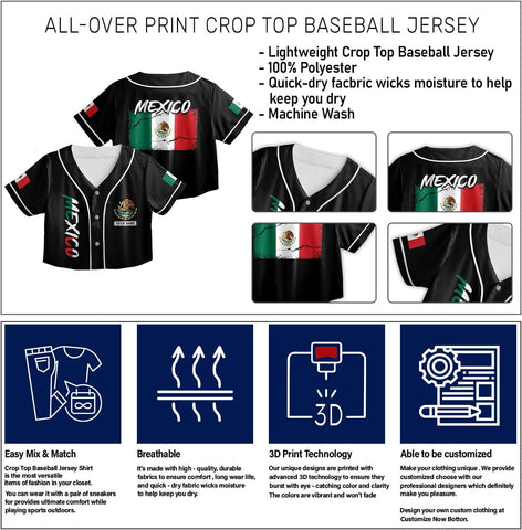 Custom Mexico Flag Crop Top Baseball Jersey Shirt Woman Playeras De Mexico 3D Personalized Mexican Jersey Shirts for Women