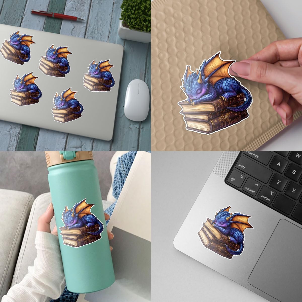 3 Pcs Cute Purple Dragon Sleeping on Books Sticker Waterproof Vinyl Fantasy Book Sticker Book Lover Decal for Laptop, Water Bottle, Kindle, Phone Case, Car, Helmet, Gifts 3"x3"