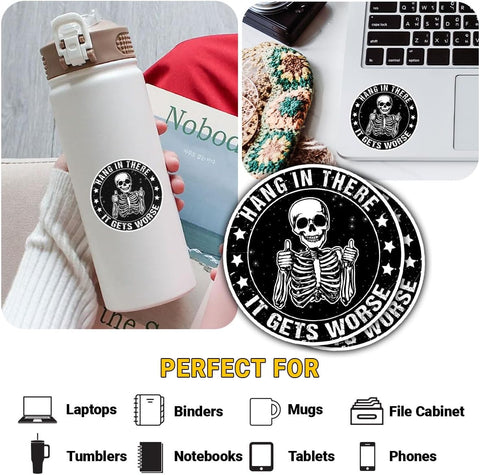 3 Pcs Hang in There It Gets Worse Sticker, Skeleton Funny Sarcastic Decal, Mental Health Stickers, Rainbow Sticker Water Assistant for Book Notebook Water Bottle Tumbler Phone Case Laptop 3"x3"