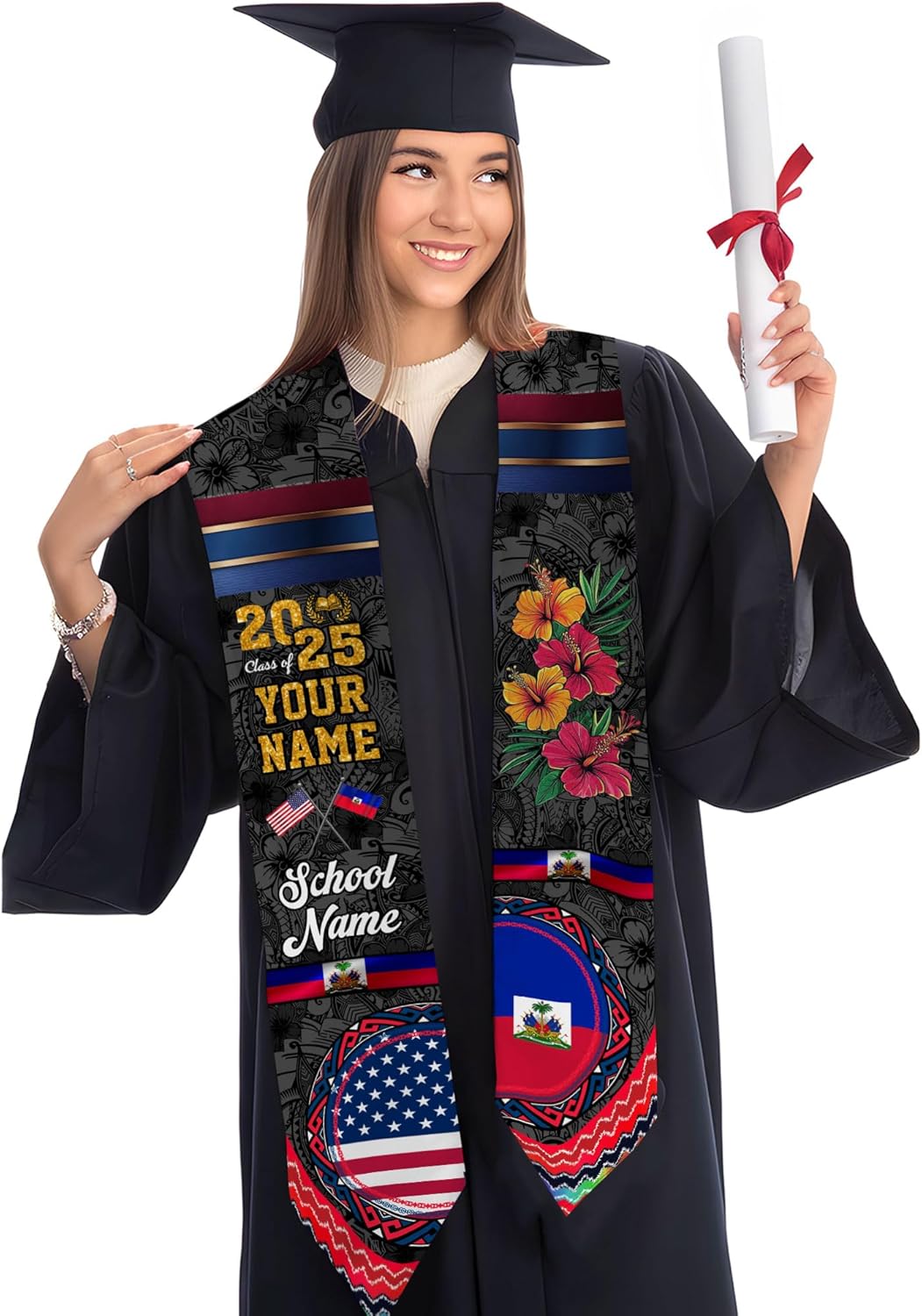 Pretyprints Haitians Graduation Sash, Haiti Graduation Stole Custom, Personalized Haitians American Flag Graduation Sash 2025