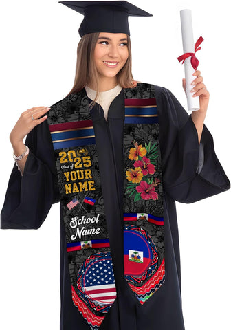 Pretyprints Haitians Graduation Sash, Haiti Graduation Stole Custom, Personalized Haitians American Flag Graduation Sash 2025