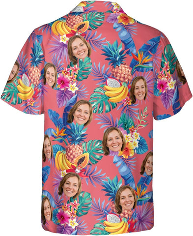 Customized Tropical Floral Hawaiian Shirt with Face for Men and Women, Wife's Husband\u2019s Photo Aloha Beach Fruit Flower Shirts