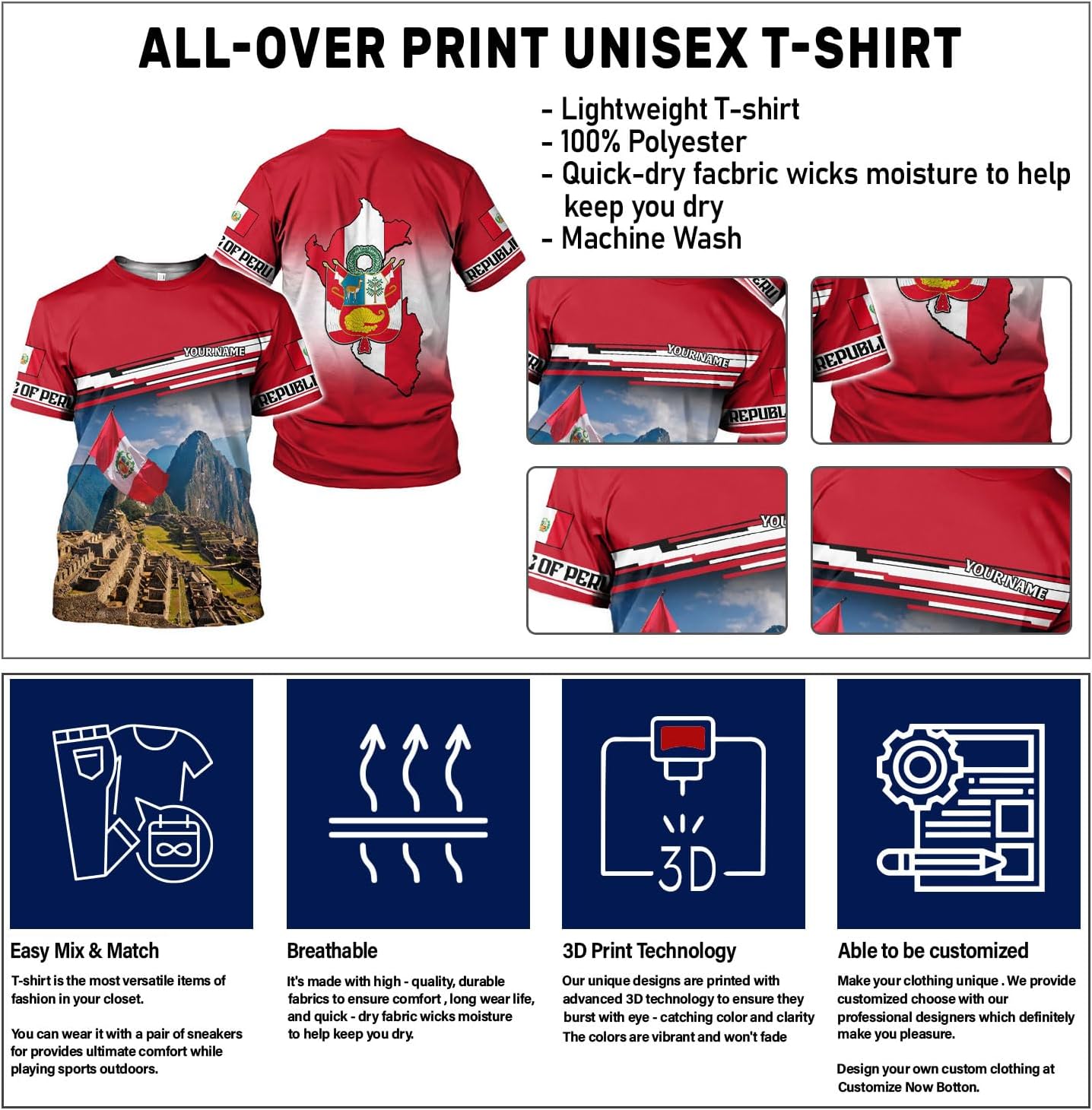 Woseprints Personalized Name Peru T-Shirts, Peru Flag Pride 3D T-Shirt for Men & Women