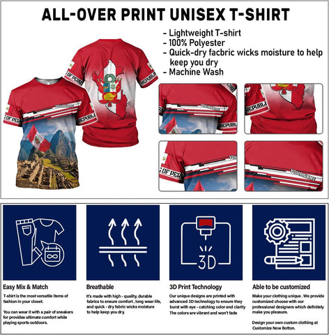 Woseprints Personalized Name Peru T-Shirts, Peru Flag Pride 3D T-Shirt for Men & Women