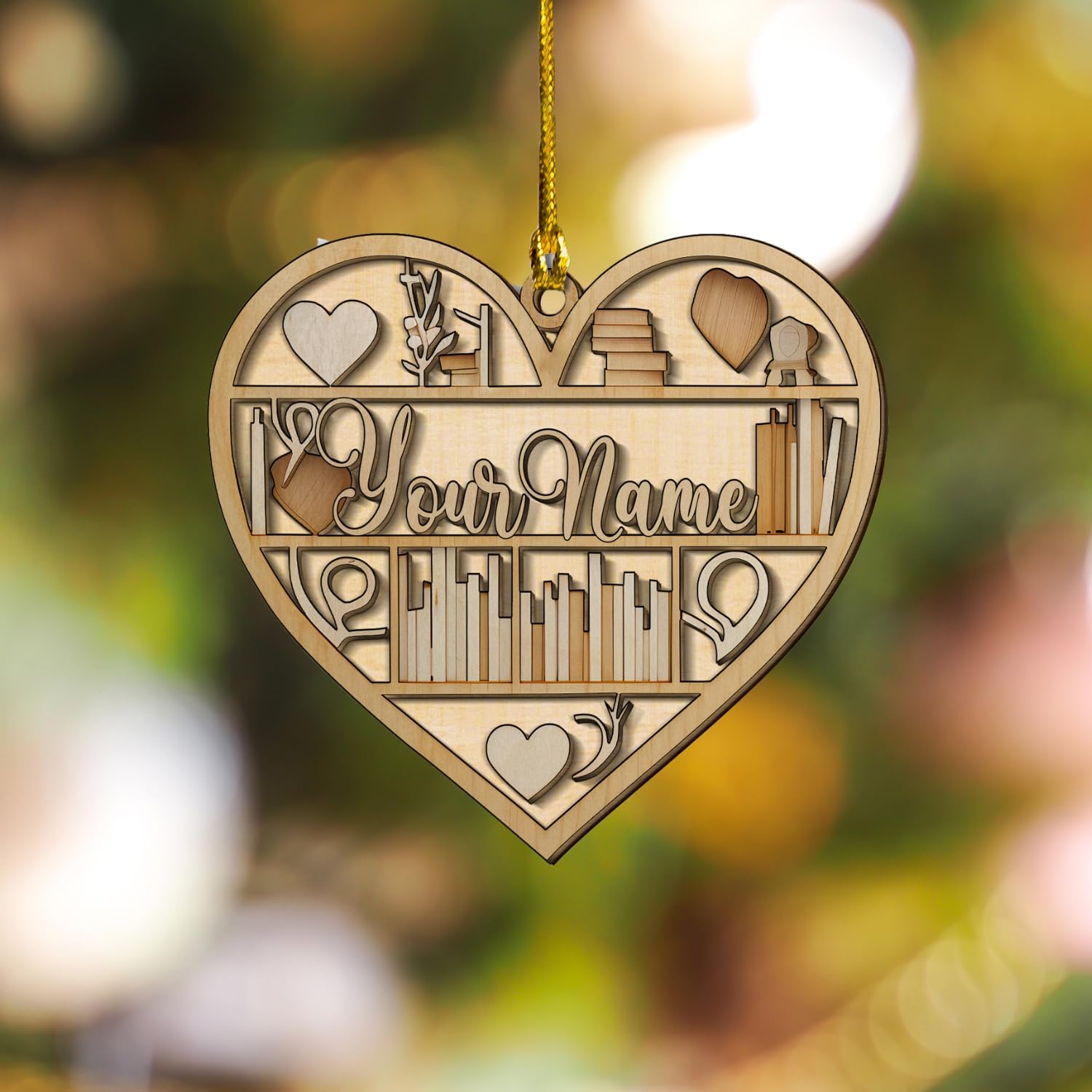 MAPrints Personalized Book Lovers Heart Ornament, Reading Book Xmas Ornament 2024, Bookshelf Wood Ornament Gift for Her Librarian 2D Flat Printed Wood Book Lovers Ornament (Book 3)