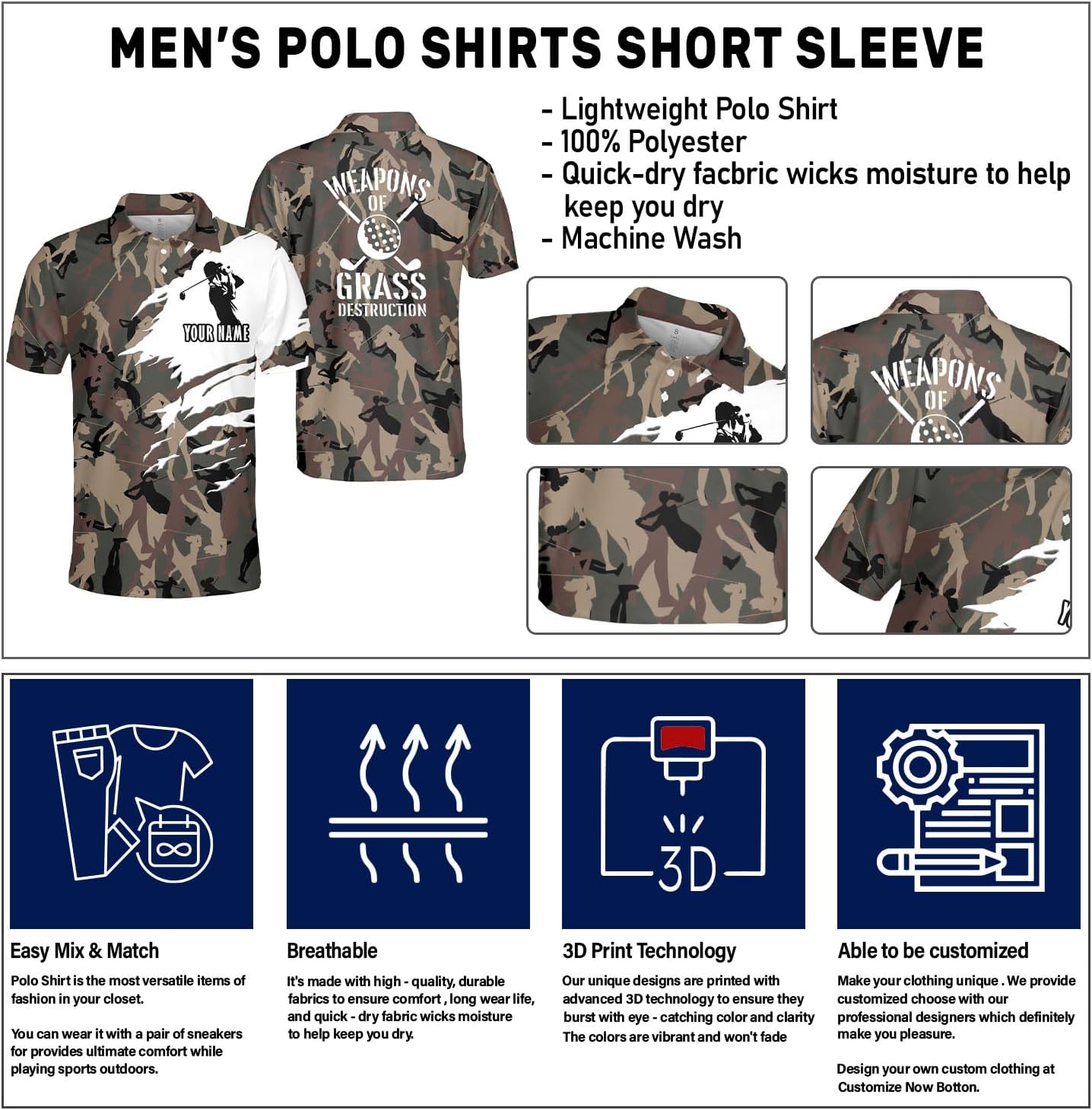 AOVL Personalized 3D Funny Golf Polo Shirt for Men Men's Golf Polo Shirts Custom Name and Team Name Golf Polo Gift for Dad
