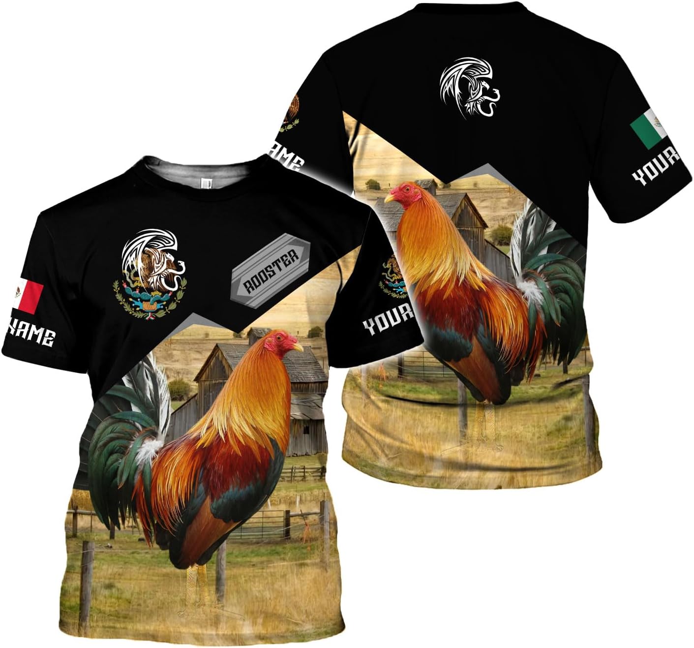 MoonArt Personalized Name Mexican Shirts for Men, Rooster Mexico Shirts for Men, Mexico Shirt Eagle Flag Mexican Eagle