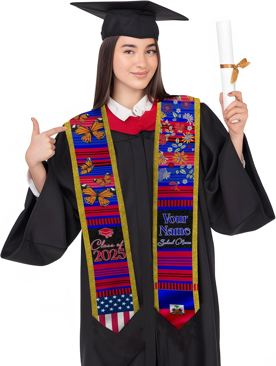 Pretyprints Haitians Graduation Sash, Haiti Graduation Stole Custom, Personalized Haitians American Flag Graduation Sash 2025