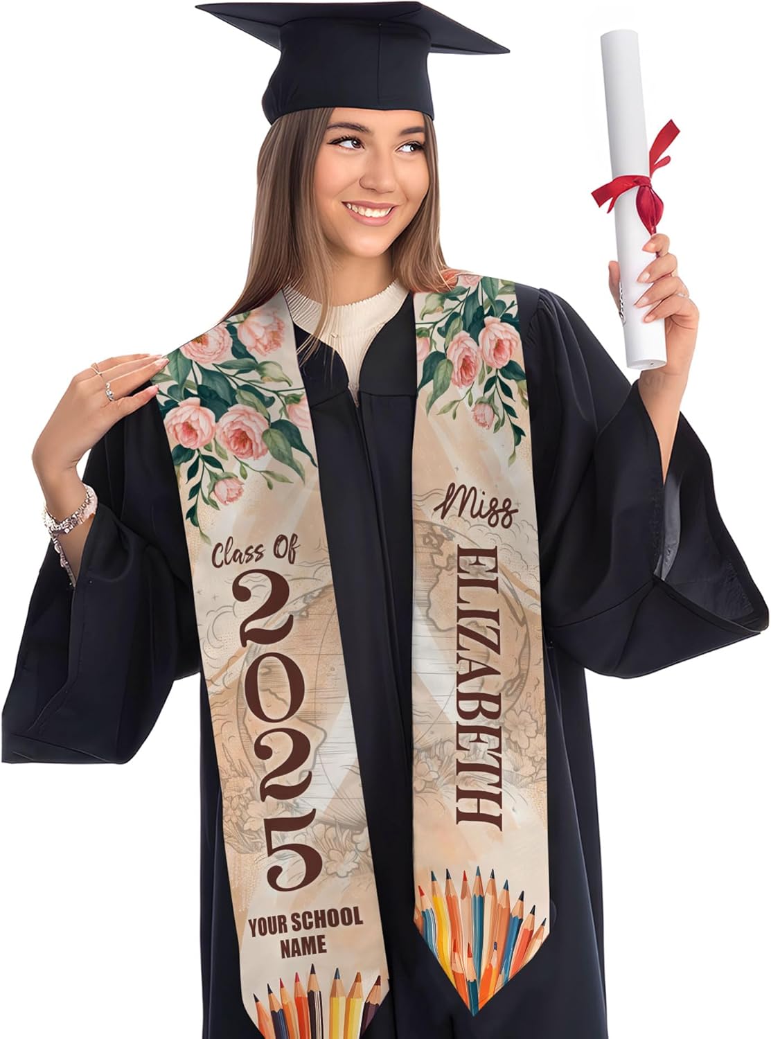 Pretyprints Personalized Class Of 2025 Teacher Graduation Stole Custom Teacher Pencil Graduation Sash Gift College Graduation