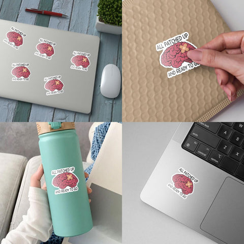 3 Pcs Brain Surgery Stickers All Patched Up and Ready to Go Sticker, Brain Tumor Brain Cancer Brain Surgery Survivor Support for Book Notebook Water Bottle Tumbler Phone Case Laptop 3"x3"