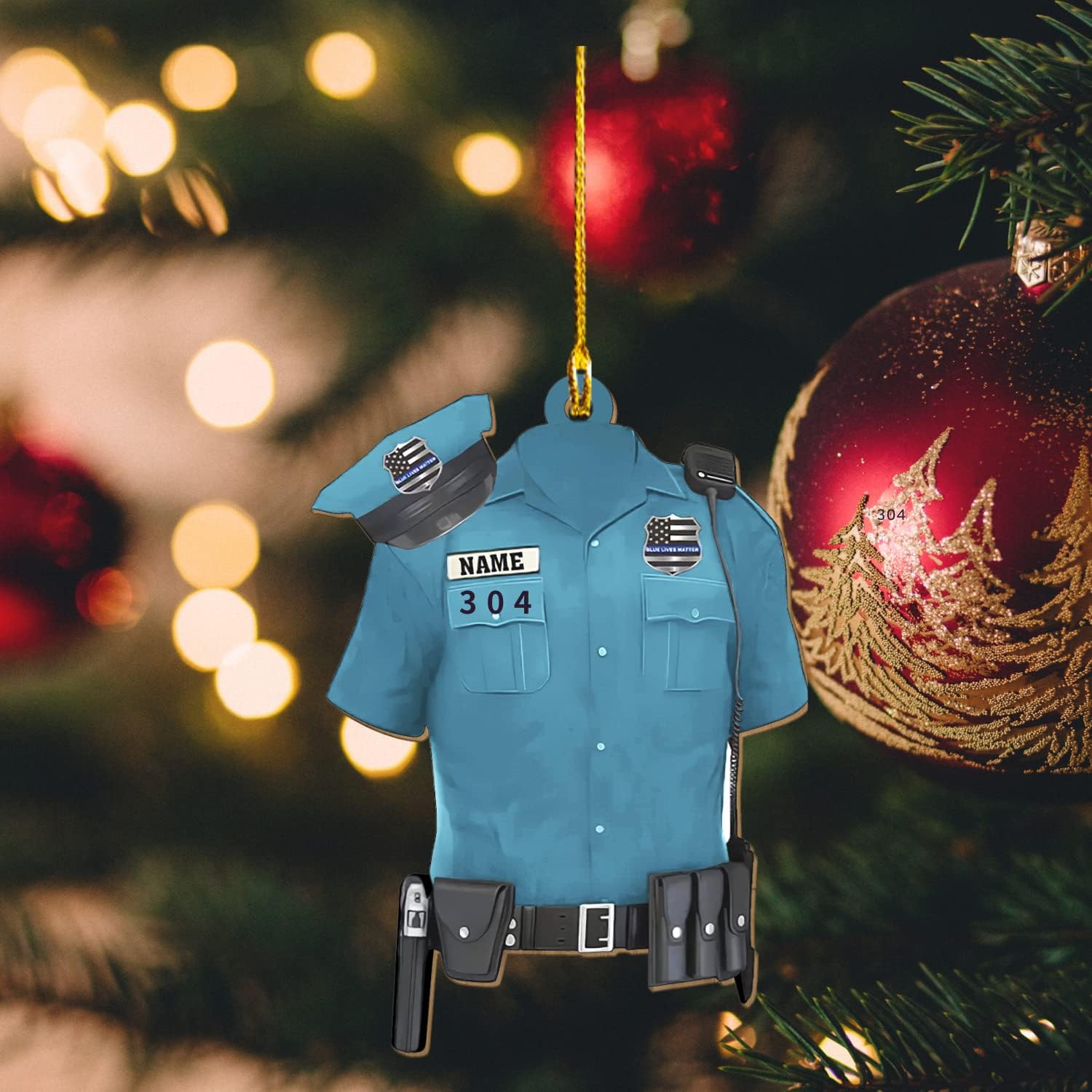 Piratify Personalized Name and Number Police Ornaments for Xmas 2022, Customized Police Christmas Ornament Police Light Vest Ornament Bullet Proof Flat Two Sided Hanging Printed Plastic Ornaments