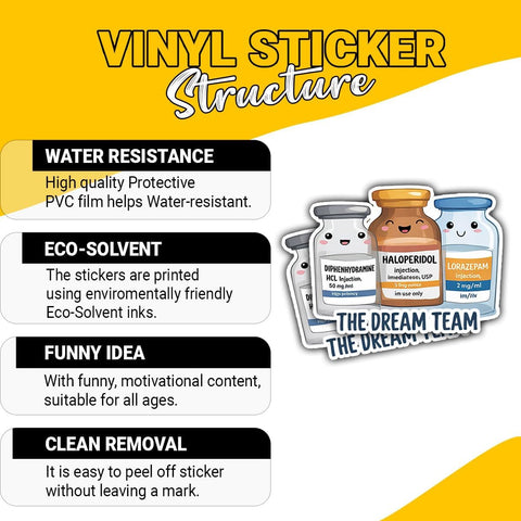 The Dream Team Funny Medical 3" Stickers, Emergency Meds Combo for ICU Nurses Doctors and Pharmacists Car Decal for Laptop Tumbler Journal Badge Reel Phone Case