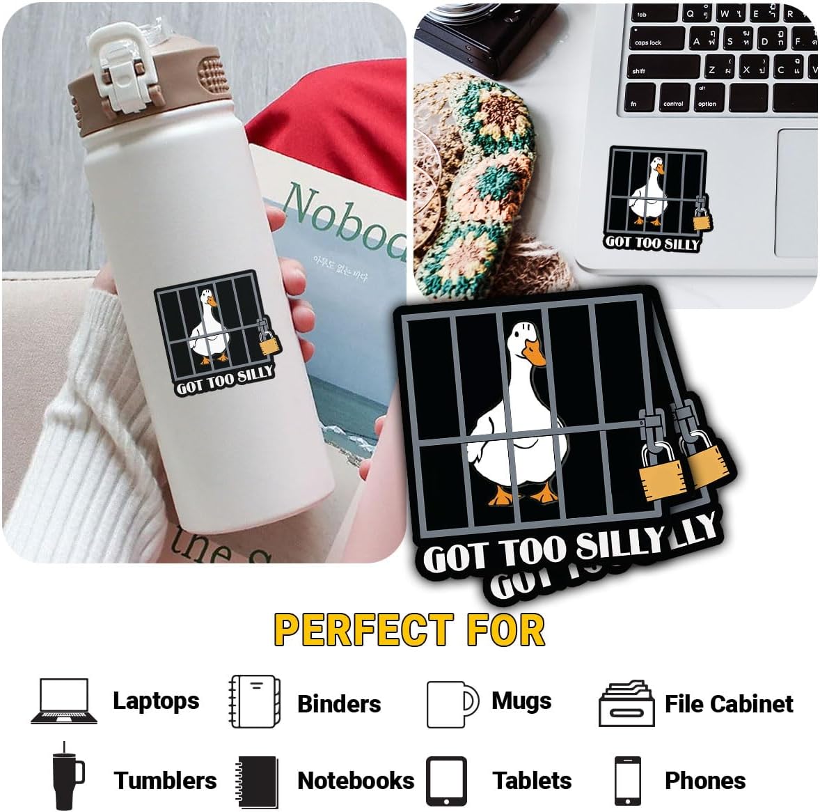 3 Pcs Goose Got Too Silly Sticker, Funny Silly Goose in Jail Decal, Goose Got Too Silly Sticker, Certified Silly Goose Stickers for Book Notebook Water Bottle Tumbler Phone Case Laptop 3"x3"