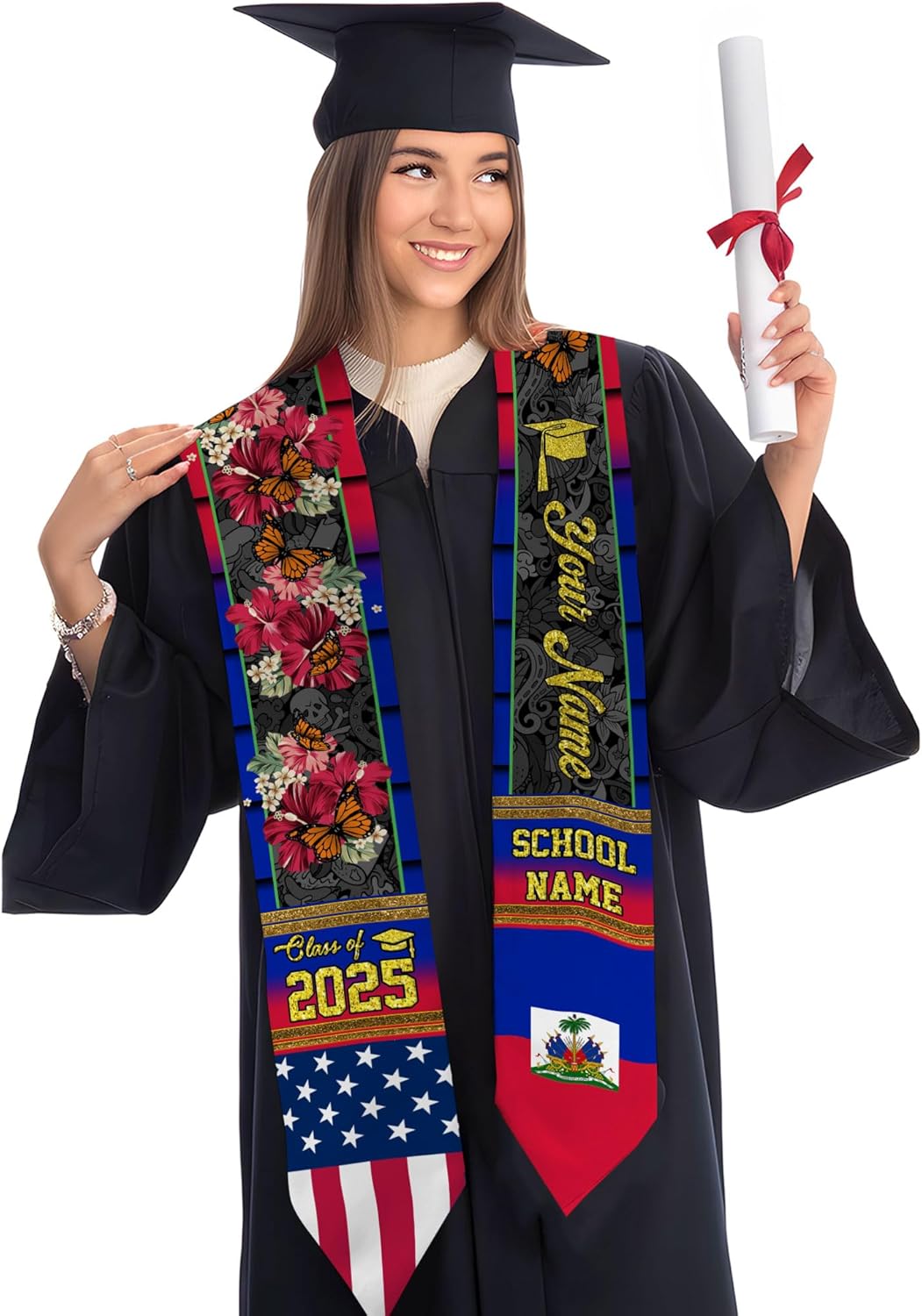 Pretyprints Haitians Graduation Sash, Haiti Graduation Stole Custom, Personalized Haitians American Flag Graduation Sash 2025