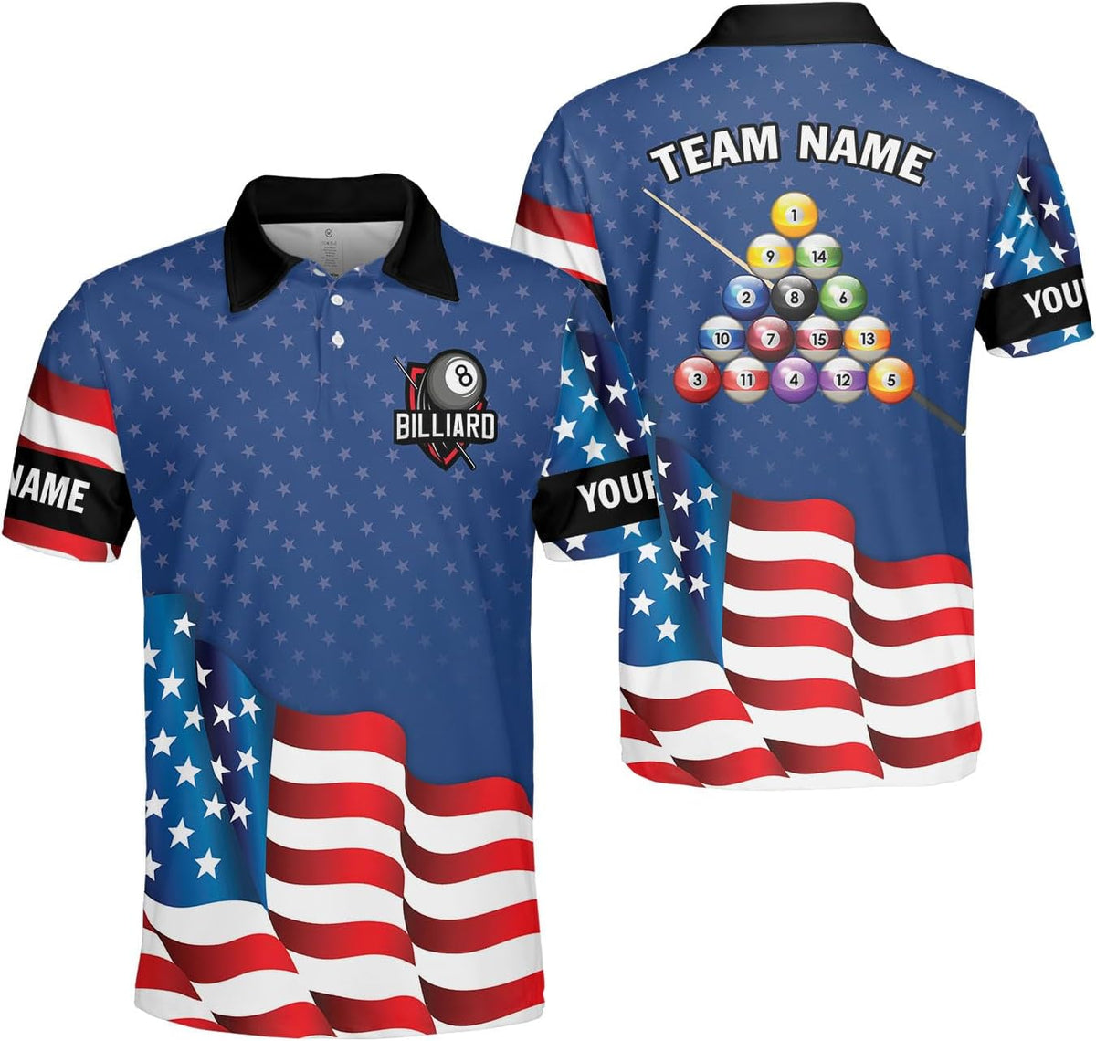 MoonArt Personalized Billiard Polo Shirts, Billiards Shirts for Men, Pool Shirts, 3D Billiards 8 Ball Pool, Billiard Team