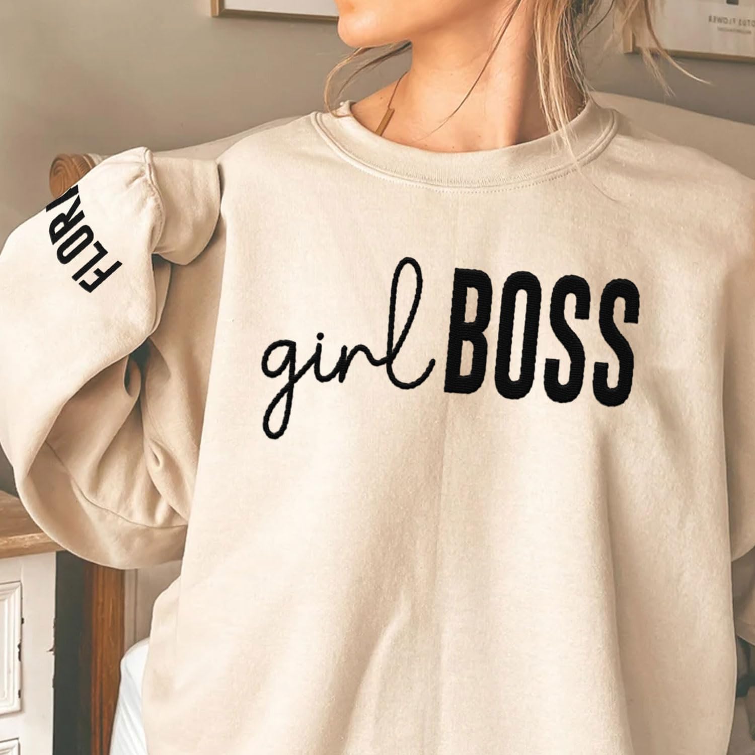 Personalized Embroidered Girl Boss Sweatshirt, Boss Hoodies For Women, Boss Lady Crewneck Sweatshirt, Gifts For Mother's Day (Cotton, GB 6)