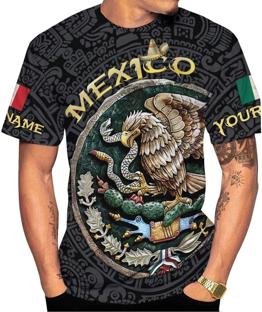 HomeDesign Custom Mexico Shirts Personalized Name Mexican 3D Flag Shirt for Men Women Aztec Unisex US Eagle Pride Camisas