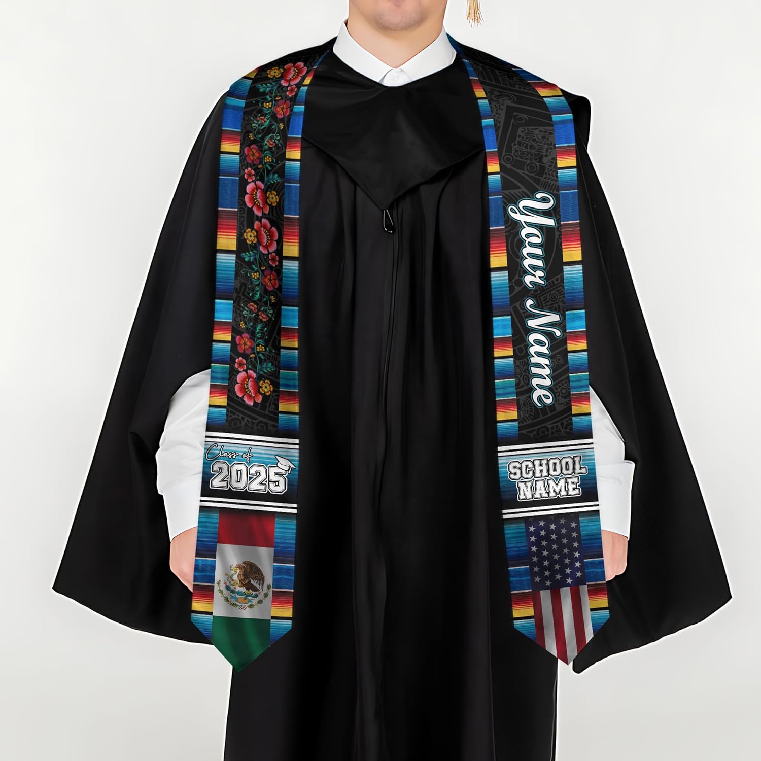 Custom Mexican Graduation Sash, Mexico Graduation Stole Customize Photo, Mexican American Flag Graduation Sash 2025