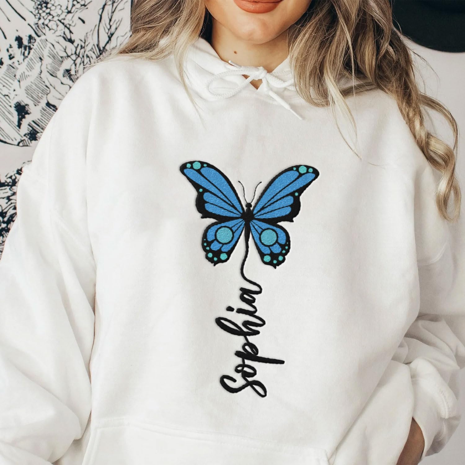 Podagree Personalized Butterfly Embroidered Sweatshirt, Custom Pink Butterfly Hoodie Name FLower Graphic