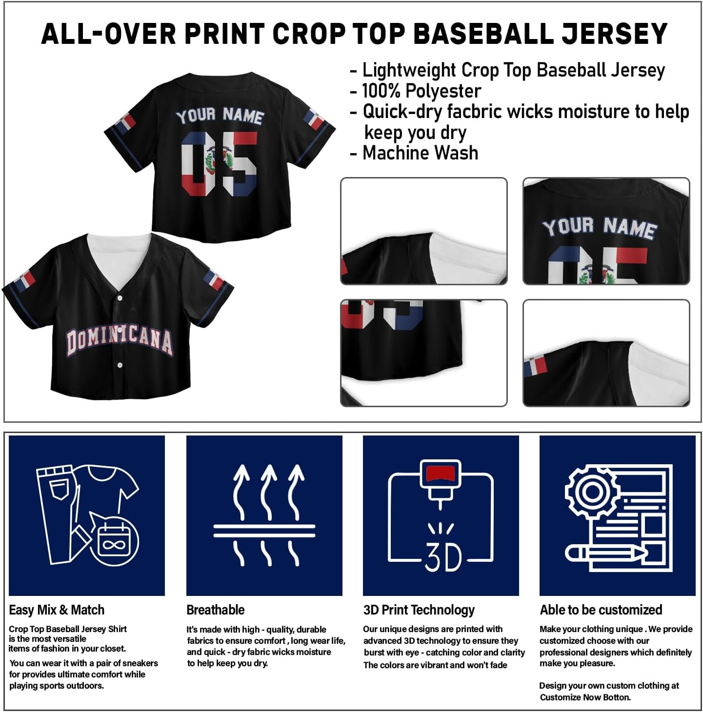 AOVL Custom Dominica Republic Crop Top Baseball Jersey Dominicana Republic Shirt for Team Dominican Flag Jersey for Men Women
