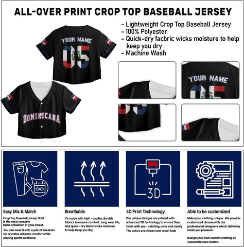 AOVL Custom Dominica Republic Crop Top Baseball Jersey Dominicana Republic Shirt for Team Dominican Flag Jersey for Men Women