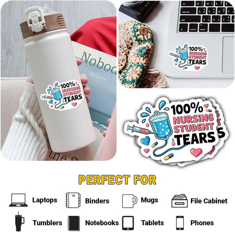 3PCS 100% Nursing Student Tears 3" Sticker, Nurse Doctor Paramedic Medical Humor Design, Die Cut Waterproof Vinyl Decal for Laptop, Water Bottle, Car, Phone, Window, Notebook