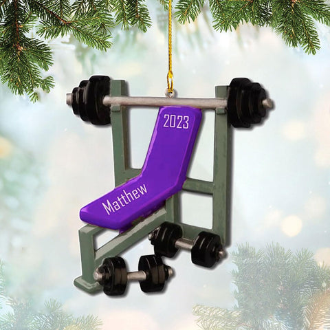 HomeDesign Personalized Dumbbell Ornament, Fitness Gift for Gym Workout Trainer Coach Instructor, Barbell Weight Plates Custom Ornament for Weightlifter, Weightlifting Ornament (D12)