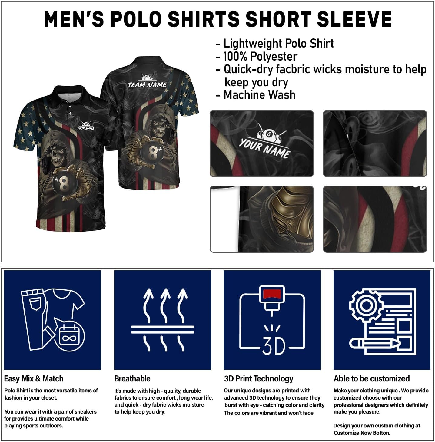 Customized Name Billiards Polo Shirts for Billiard Team, 8 Ball Pool 3D Shirt Gifts for Pool Players Men & Women