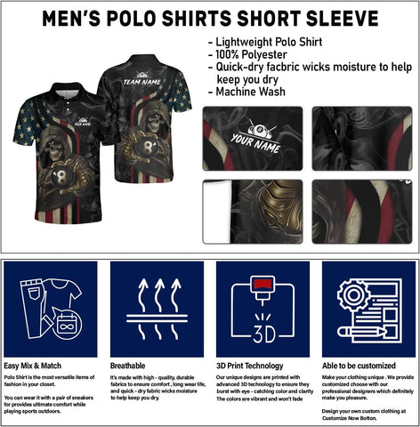 Customized Name Billiards Polo Shirts for Billiard Team, 8 Ball Pool 3D Shirt Gifts for Pool Players Men & Women