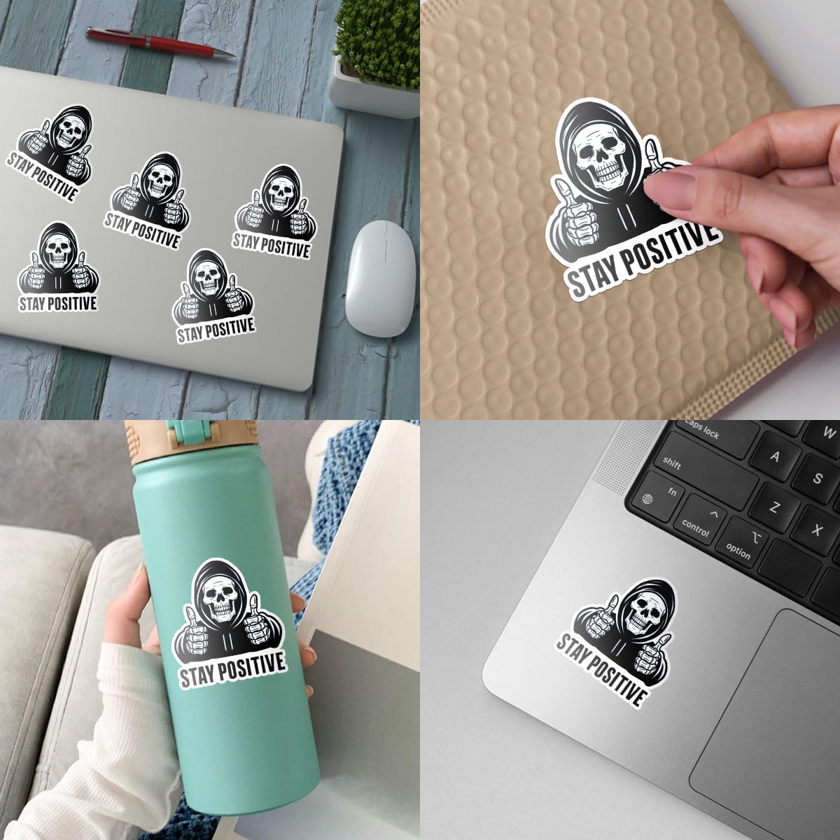 (3pcs) Skeleton Stay Positive, Funny Skeleton Sticker, Skeleton Sticker for Halloween, Sticker Die-Cut Waterproof Vinyl Sticker for Laptop Water Bottle Phone Window Helmet Decal Gift
