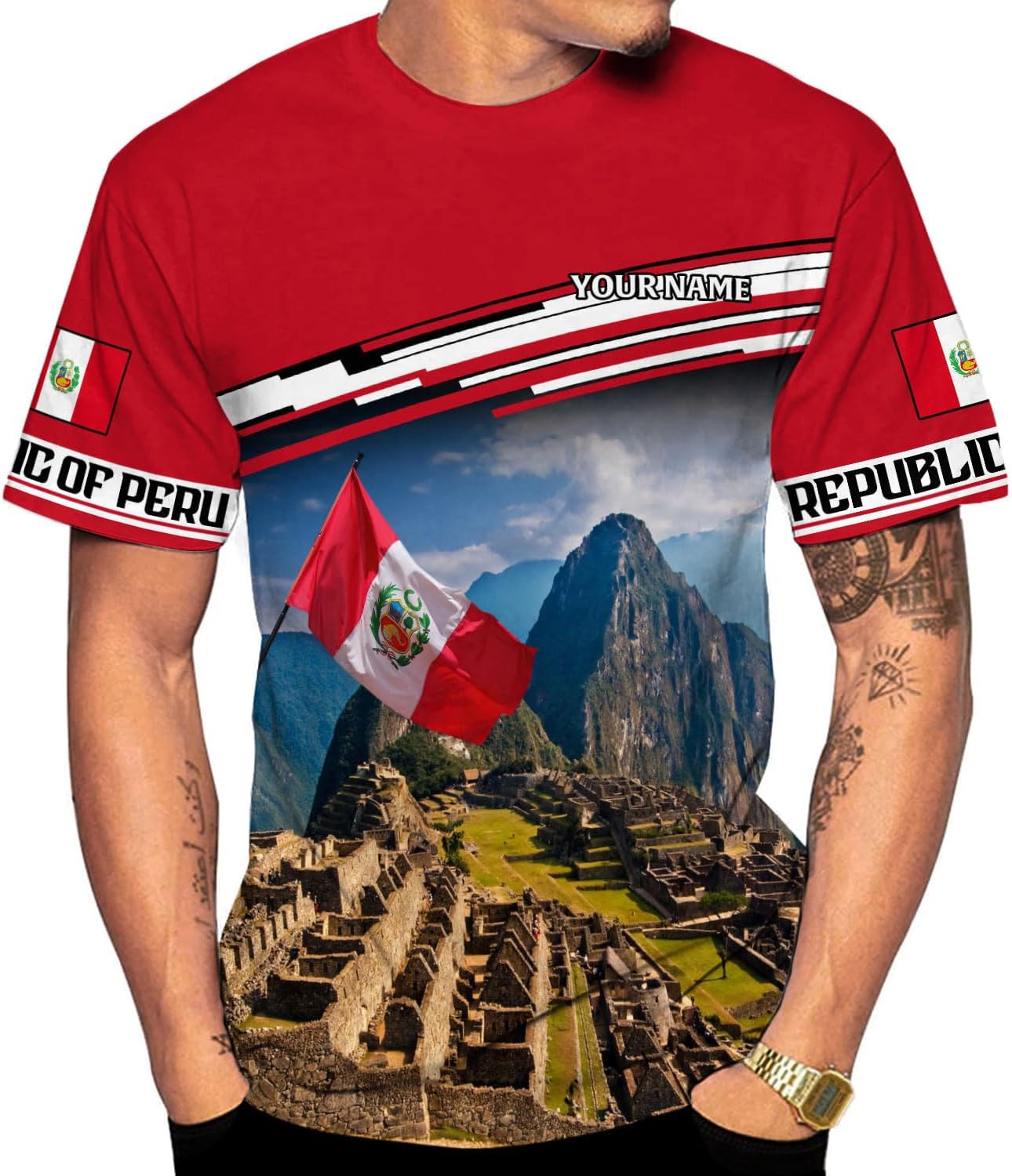 Woseprints Personalized Name Peru T-Shirts, Peru Flag Pride 3D T-Shirt for Men & Women