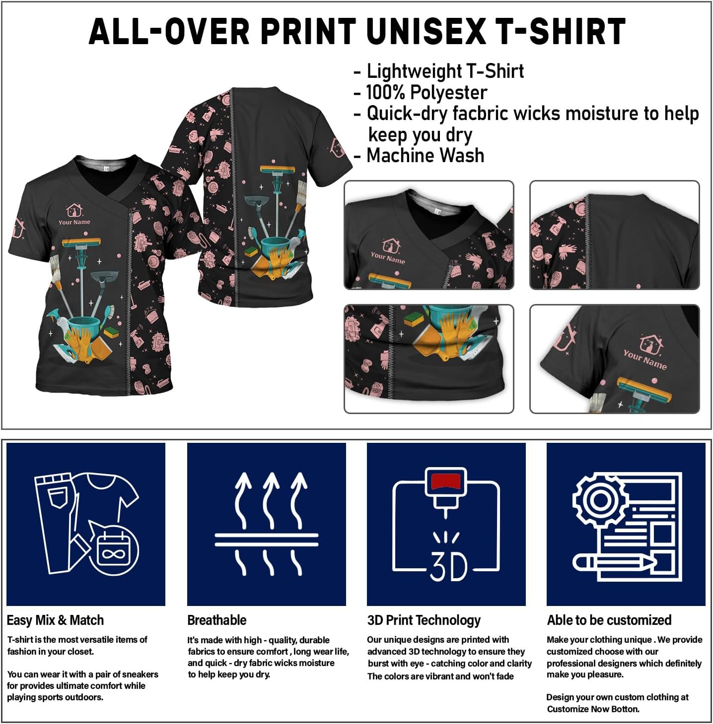 Personalized Housekeeping Shirts, Custom Cleaning Uniforms for Women 3D Cleaning Service Gifts Housekeeper Shirt Clean Lady