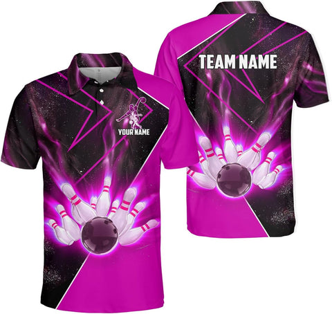 Personalized Name Bowling Polo Shirts 3D for Men & Women, Custom Bowling Shirts for Team, Bowling Team Polo Shirt (PE + 3-5% Spandex, PL98)