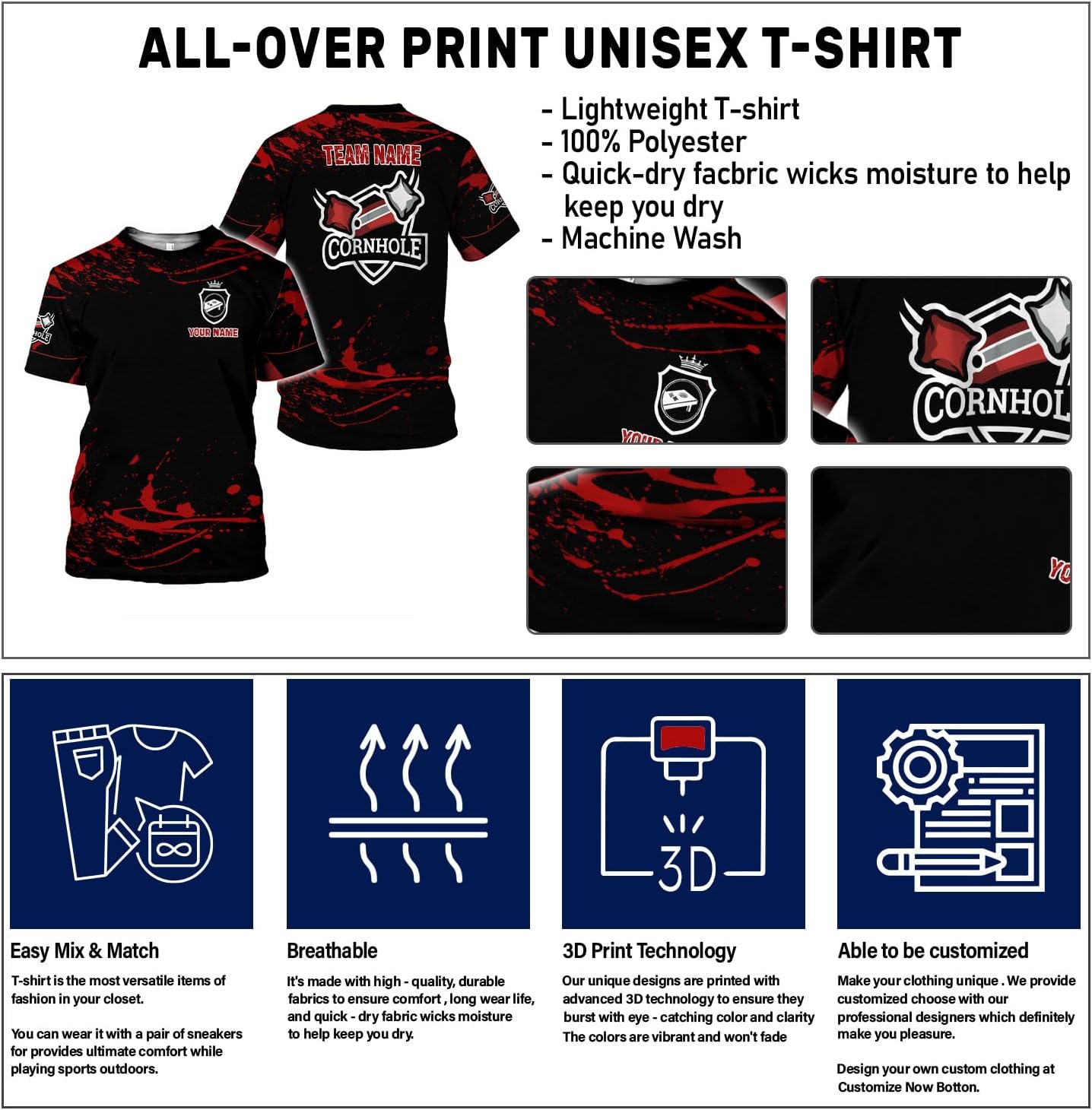 Custom 3D Cornhole T-Shirt Personalized Cornhole Team Uniform Gift for Men & Women Toss Game Board Bag Apparel