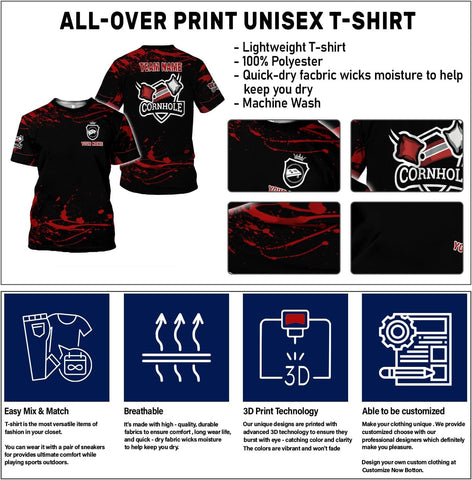 Custom 3D Cornhole T-Shirt Personalized Cornhole Team Uniform Gift for Men & Women Toss Game Board Bag Apparel
