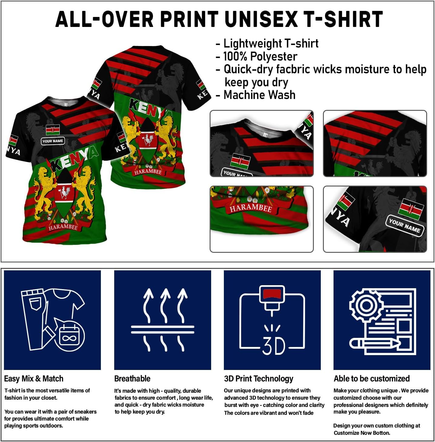 MAPrints Personalized Kenya 3D Shirts Kenyan Pride Gift T-Shirt Kenyan Flag Kenya Shirt Kenyan Africa Pride Flag Print Shirts