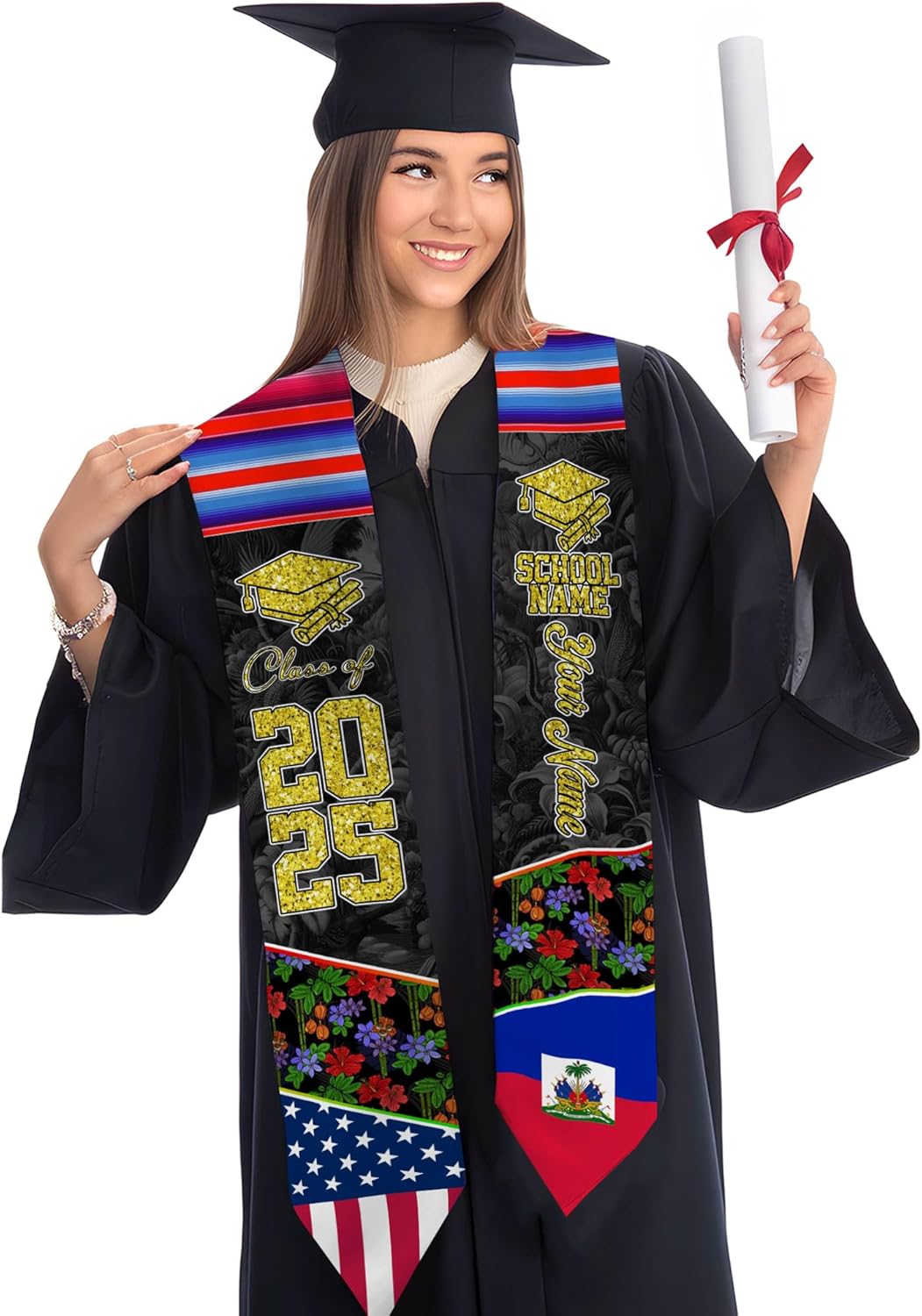 Pretyprints Haitians Graduation Sash, Haiti Graduation Stole Custom, Personalized Haitians American Flag Graduation Sash 2025
