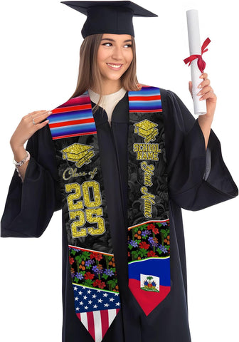 Pretyprints Haitians Graduation Sash, Haiti Graduation Stole Custom, Personalized Haitians American Flag Graduation Sash 2025