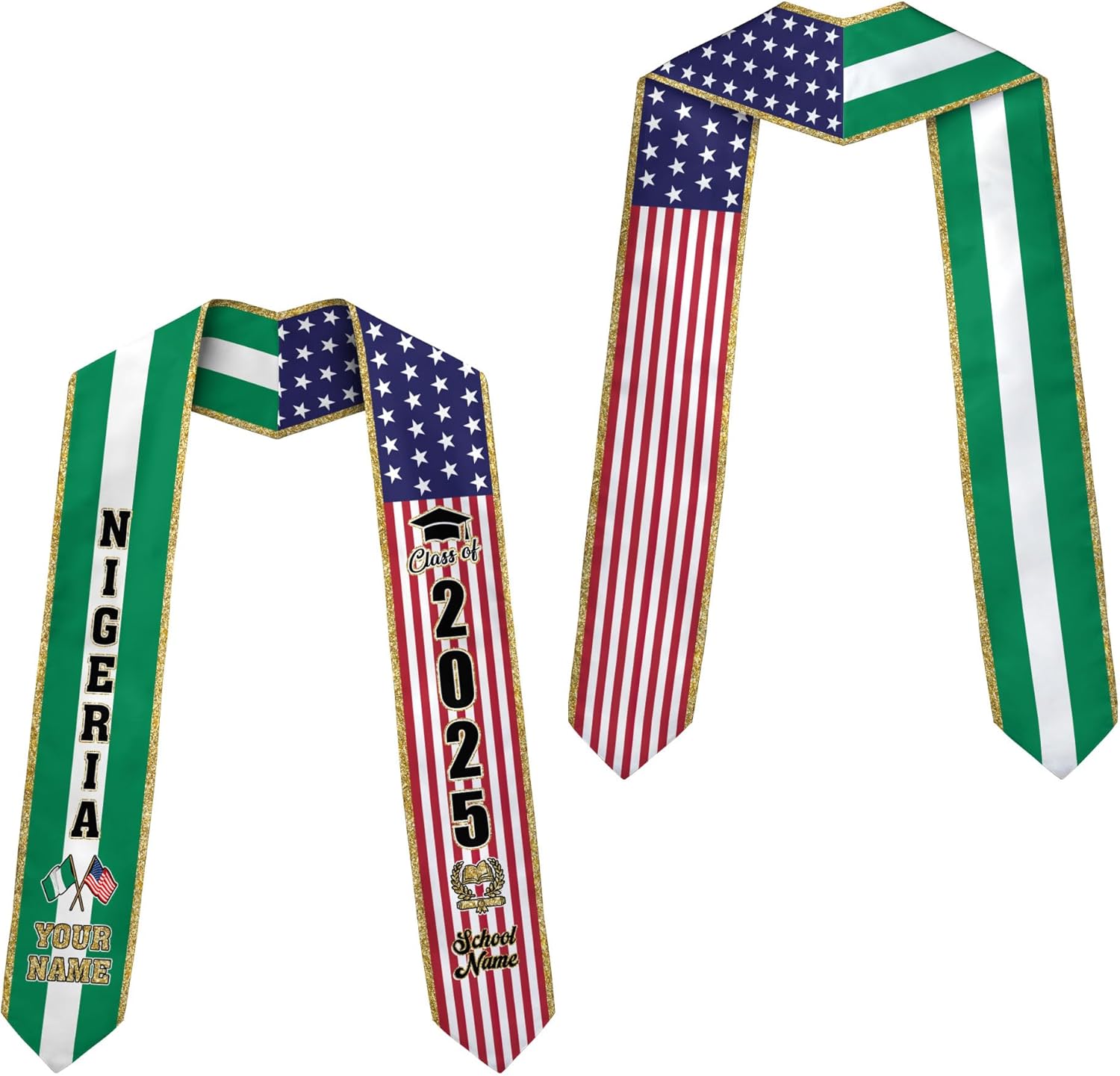 Pretyprints Custom Nigerian Graduation Sash, Nigeria Graduation Stole Customize, Nigerian American Flag Graduation Sash 2025