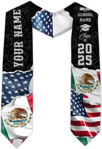 Custom Mexican Graduation Sash, Mexico Graduation Stole Customize Photo, Mexican American Flag Graduation Sash 2025