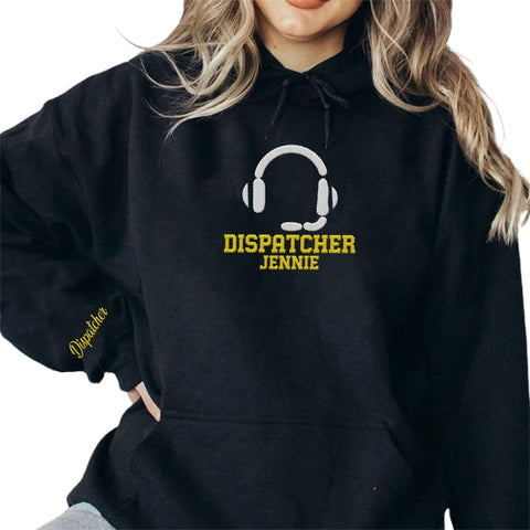 Custom Dispatcher Embroidered Sweatshirt with Thin Gold Line Flag 911 Emergency Services Personalized Shirt for Men and Women